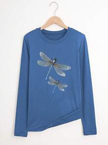 SHEIN LUNE 女式长袖圆领休闲蜻蜓印花T恤女式春季上衣 - 藍色 - 查看 3