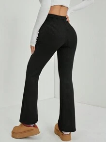 SHEIN PETITE Women's Solid Color Flared Black Velvet Trousers ,Petite Women - Black - View 2