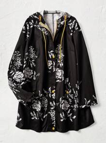 EMERY ROSE 1 件女式花卉印花连帽拉链冬季长袖夹克 - 黑與白 - 查看 1