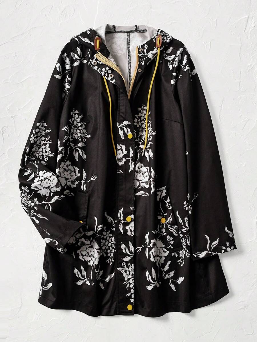 EMERY ROSE 1 件女式花卉印花连帽拉链冬季长袖夹克 - 黑與白 - 查看 1