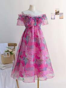 Soleia 大码女式露肩 A 字中长连衣裙，欧根纱花卉印花，秋冬季节日连衣裙 - 彩色 - 查看 3