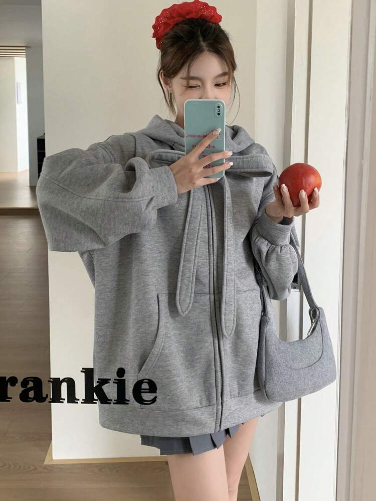 Women's Solid Color Bowknot Hooded Fleece Sweatshirt Fall,Winter Zip Up Jacket