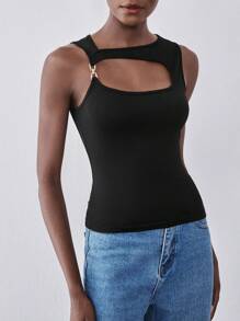 Lumivelle 1pc Black Hollow Out Sexy Ladies Tank Top, 1pc Black Knit Elastic Women Tank Top