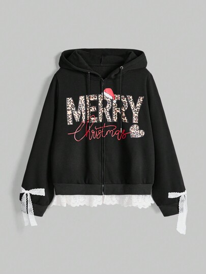 Plus Size Christmas Leopard Print Letter Contrast Lace Bow Decor Sweatshirt