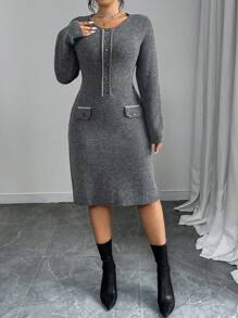 Franclia Plus Size Women French Round Neck Long Sleeve Knitted Sweater Dress