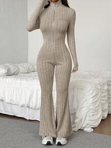 SHEIN EZwear Dames jumpsuit met lange mouwen, rits aan de voorkant en kraag, casual