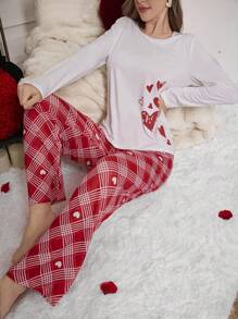 Conjunto de pijama para mujer con estampado de cuadros de corazón de manga larga y pantalones para el Día de San Valentín