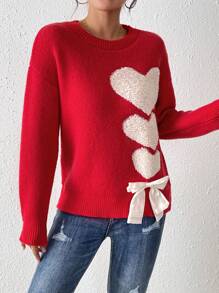 Chiquease Women's Drop Shoulder Long Sleeve Heart Pattern Bow Detail Knitted Sweater, Autumn/Winter Fall - Red - View 6