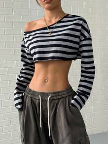 StreetHx Women's Sexy Striped Asymmetric Neck Long Sleeve Cropped Top
