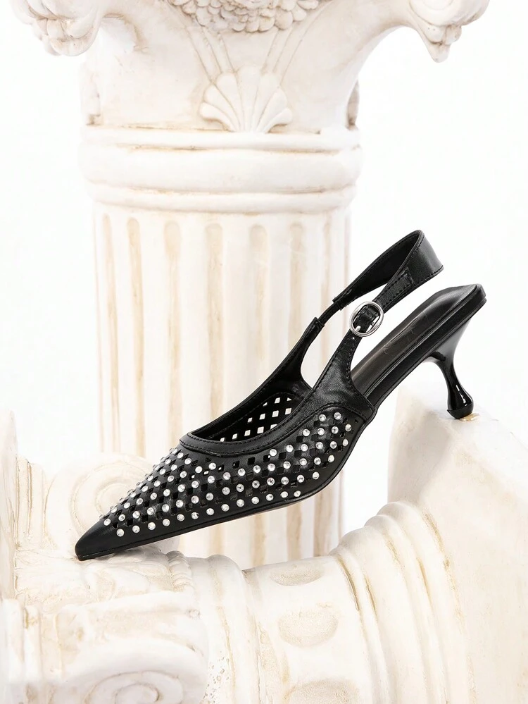 CUCCOO CHICEST ウィメンズ ラインストーン装飾 ポインテッドトゥ ミドルヒール セクシー エレガントな パンプス ブラック人工皮革 パーティー ナイトクラブに適しています