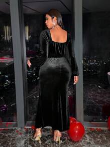 Allurite Robe midi élégante à manches longues style français en velours de couleur unie avec taille de sirène amincissante en contraste de dentelle, style Top de gamme chic pour femmes
