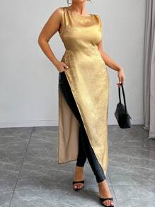 SHEIN Unity Túnica larga informal para mujer talla grande, cuello redondo, sin mangas, con abertura en el bajo - Dorado - Ver 4