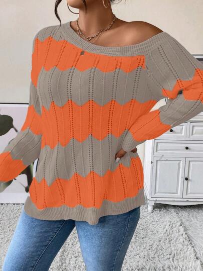 Maweii 大码女式船领针织毛衣，性感，秋季针织套头衫，秋冬毛衣