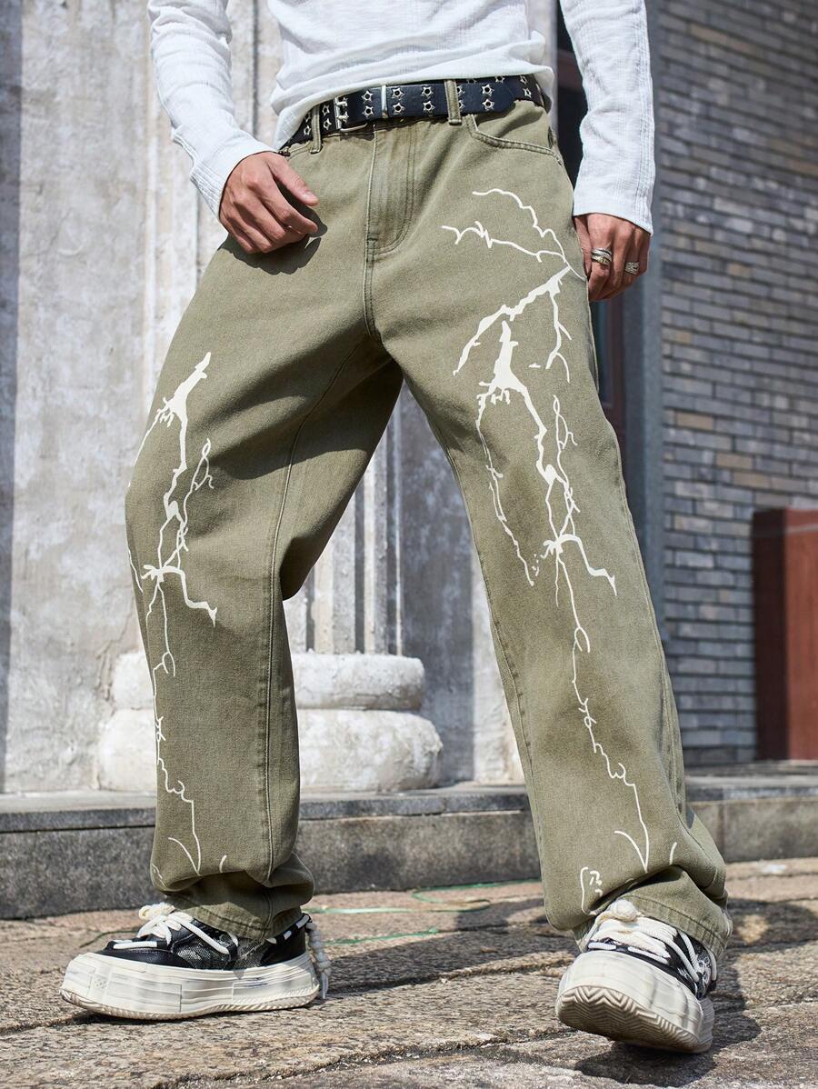 Manfinity EMRG Loose Fit Men's Lightning Print Wide Leg Jeans - Green - View 1