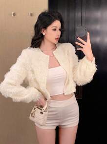 DAZY Damen Bluse mit silbrigem Faden und strukturierter Textur, Langarmtop