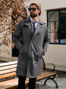Manfinity CasualCool Men's Solid Color Double-Breasted Pocket Long Sleeve Trench Coat,Fall Men Clothes,Blue Trench Coat,Gifts For Boyfriend