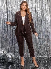 SHEIN Clasi Velvet Plus Size Women's Suit Set, Good For Teacher Outfit In Autumn/Winter - Brown - View 6
