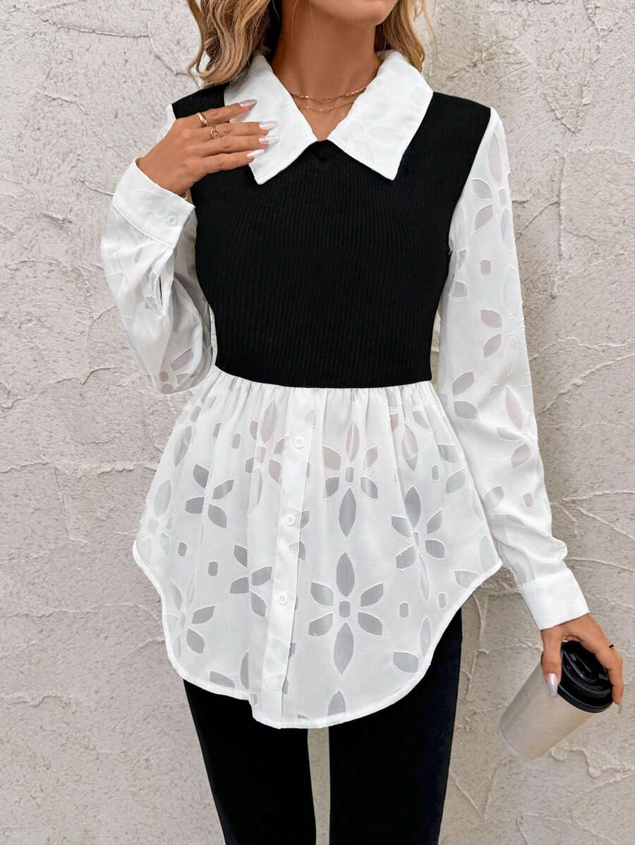 SHEIN Clasi Zwart-wit patchwork cut-out lange mouw aansluitende blouse voor dames lange mouw tops lange mouw shirt - Zwart & wit - Bekijken 1