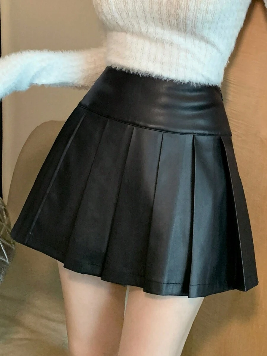 DAZY 女士休闲百搭纯色褶皱PU中长裙秋季半身裙 - 黑色 - 查看 1
