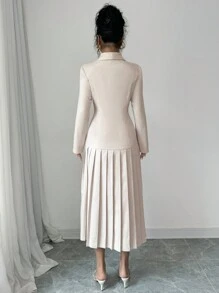 Selianne 女士优雅通勤翻领双排扣收腰褶边长袖长裙，春/秋/冬长款女装秋季服装 - 杏色 - 查看 2