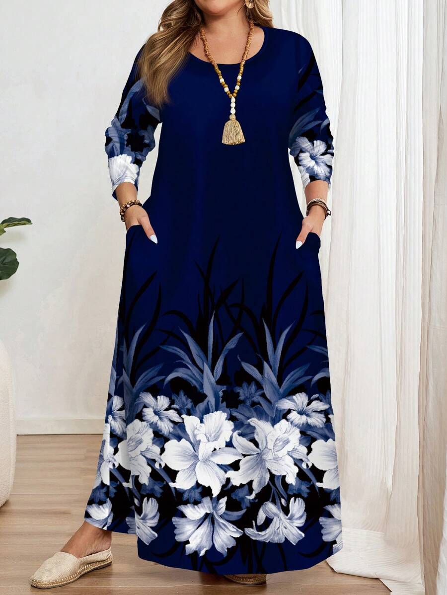 EMERY ROSE 复古优雅百搭海军蓝花卉印花大码长袖圆领连衣裙，适合秋冬季