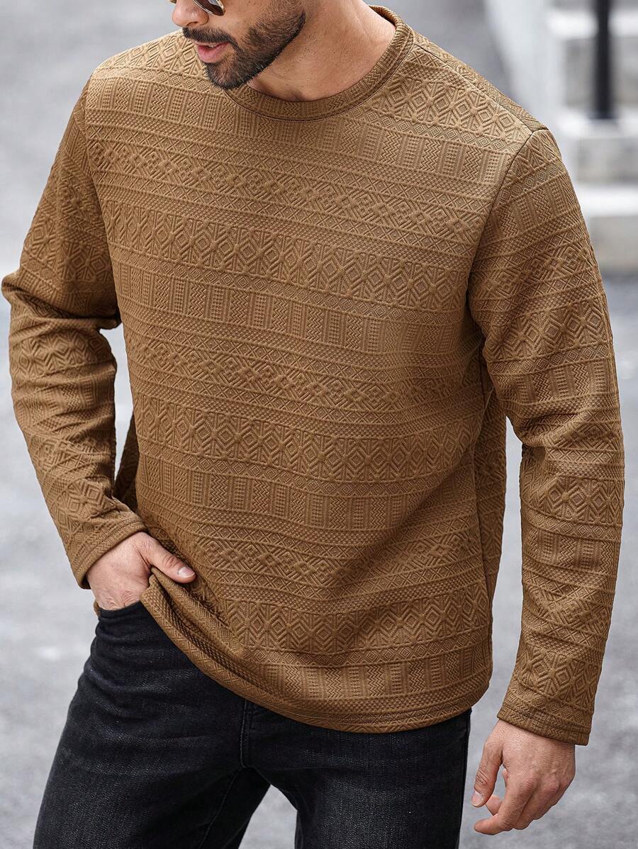 Manfinity Homme T-shirt simple à col rond à manches longues de couleur unie pour homme en grande taille, pour un port quotidien décontracté