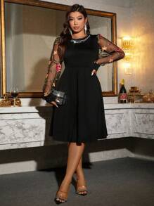 SHEIN Clasi 女式优雅串珠领刺绣网眼袖拼接黑色连衣裙，秋冬款