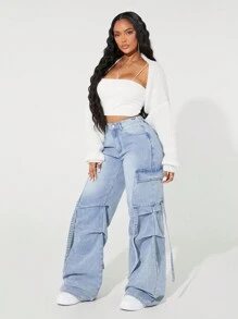 SHEIN SXY Jeans casuales con bolsillos, cierre con botones y cordón para mujer