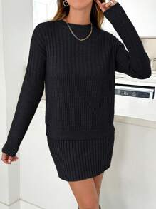 EURMUSE Casual Rib Knit Sweater & Mini Rib Knit Sweater Skirt Co-Ords - Black - View 5