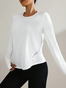 SHEIN Sport Studio Top casual da donna a girocollo bianco tinta unita a maniche lunghe, per uso quotidiano