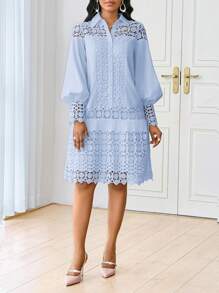 SHEIN Lady Vestido camisero elegante y casual de verano, de largo midi, con contraste de encaje blanco para mujer