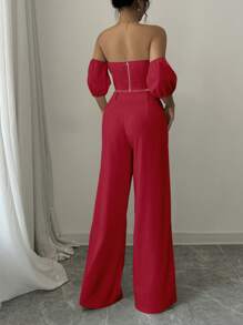 Elenzga 2pcs/Set Elegant Solid Color Off-Shoulder Cropped Top And Long Pants For New Year Clothes