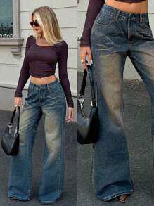 Forever 21 Women Street Fashion Flared Pocket Denim Jeans, Casual Stylish All-Match