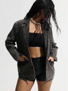 SHEIN ICON 女式秋季长袖翻领单排扣休闲牛仔西装外套 - 深灰色 - 查看 7