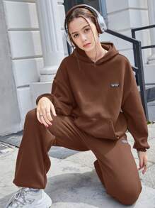 SHEIN Leap Crew Teen Girls Brown Solid Color/Graphic Letter/Hoodie/Pockets Sweatpants/Casual 2 Pieces Set/Preppy Style/Sportswear Set - Brown - View 3