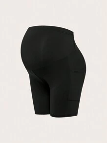SHEIN Maternity Solid Color Pocket Casual Leggings, For Daily Wear