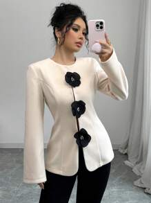 Chiquease Casual Versatile Solid Color Round Neck Floral Decorative Long Sleeve Women Jacket, Autumn/Winter Fall Cloth For Women - Apricot - View 1