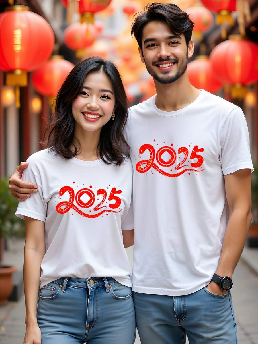 SHEIN Essnce Chinese New Year 2025 Snake Shirt, Year Of The Snake 2025 Tshirt, Chinese Snake Shirt, 2025 Chinese Snake New Year Shirt, Lunar New Year,2025 Casual Minimalist Loose Round Neck Short Sleeve Women T-Shirt, Suitable For Summer - White - View 1
