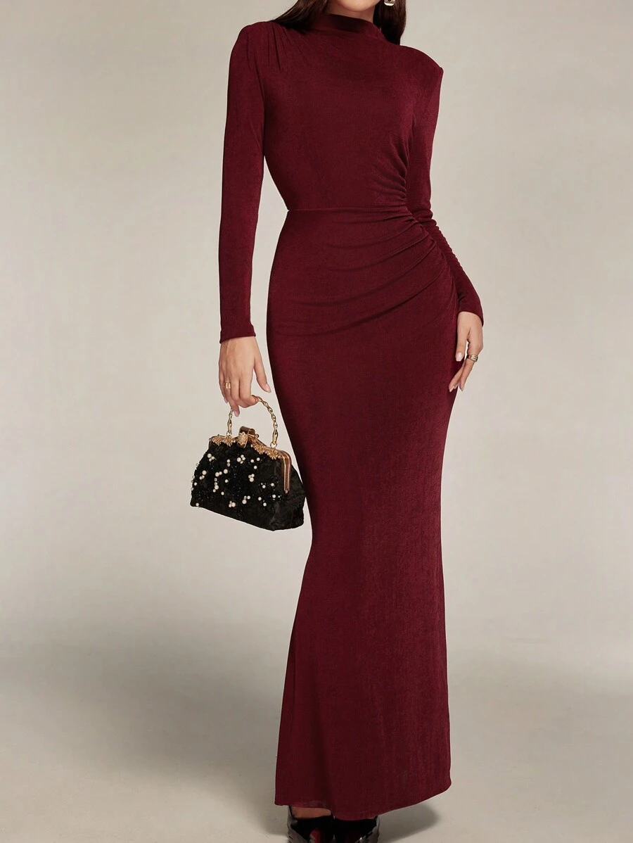 Modelyn Women's Solid Color Pleated Stand Collar Long Sleeve Fishtail Hem Elegant Dress Long Evening Dresses