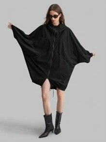 Ontre Stockholm Style, Teacher Outfits For Women,Fall Women Clothes,Women's Hooded Thin Lightweight Windbreaker Jacket, Oversized O-Shaped Design With Pockets, Casual Black Outdoor Ladies Coat, New Spring Collection 2025, Hooded Zip-Up Drawstring Hem