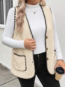 INAWLY Plus Size Color Block Trim Front Button Sleeveless Pocket Casual Jacket - Apricot - View 5