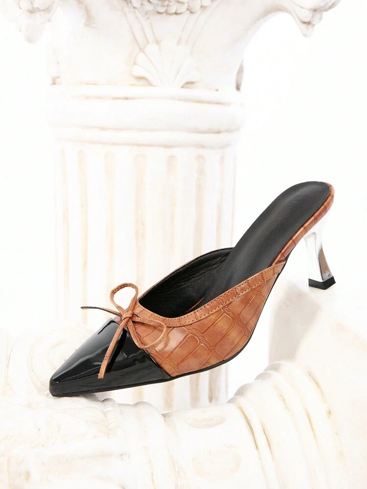 CUCCOO CHICEST Zapatos de mujer: Mini adorable contraste de color con lazo, tacones de aguja metálicos plateados con punta puntiaguda, tacones altos románticos y dulces de color marrón y negro con estampado de cocodrilo/lagarto, apropiados para citas, oficina, té de la tarde, San Valentín