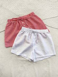 2件套女士休闲条纹系带前扣睡衣套装 - 彩色 - 查看 1