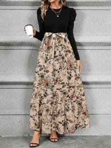 SHEIN Clasi Vestido de mujer de línea A con parche de hojas y lazo en el otoño - Multicolor - Ver 4