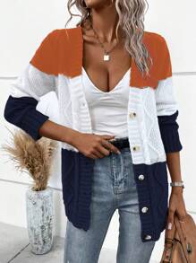 SHEIN LUNE Women's Button-Down V-Neck Long Sleeve Contrast Color Design Casual Cardigan - Multicolor - View 3