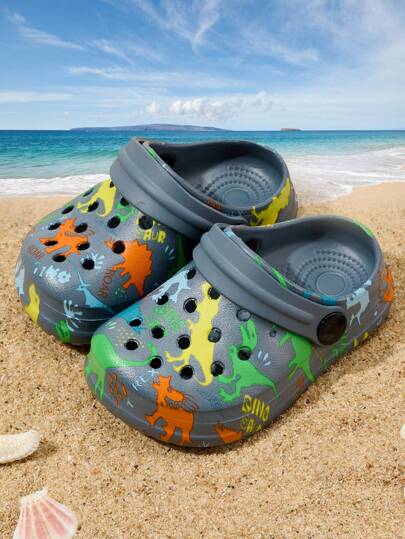 1 Pair Boys' Comfortable Casual Lightweight Breathable Indoor/Outdoor Slippers, Cute Cartoon Dinosaur Print, Suitable For Spring/Summer, Water-Friendly Toe Protection Beach Sandals