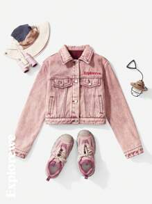 SHEIN Teen Girl Front Button Long Sleeve Pocket Casual Denim Jacket