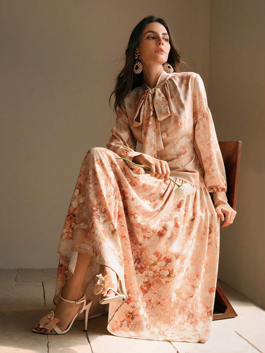 Anewsta Đầm Maxi Dự Tiệc Sang Trọng In Hoa Tay Đèn Lồng Thắt Nơ Eo Cho Nữ - Nhiều màu - Xem 1