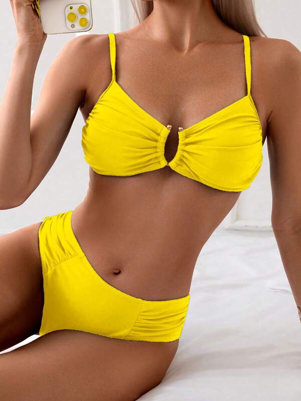 Swim Basics Women Solid Color Spaghetti Strap Bikini Top And Bottom Bikini Set Summer