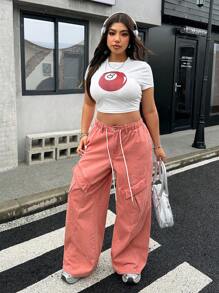 SHEIN ICON Y2K Streetwear Style Pink Non-Stretchable Cargo Pants With Multiple Pockets And Drawstring Waist, Loose Fit Jeans